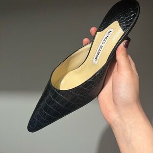 Manolo Blahnik Croc-Embossed Pointed Mule